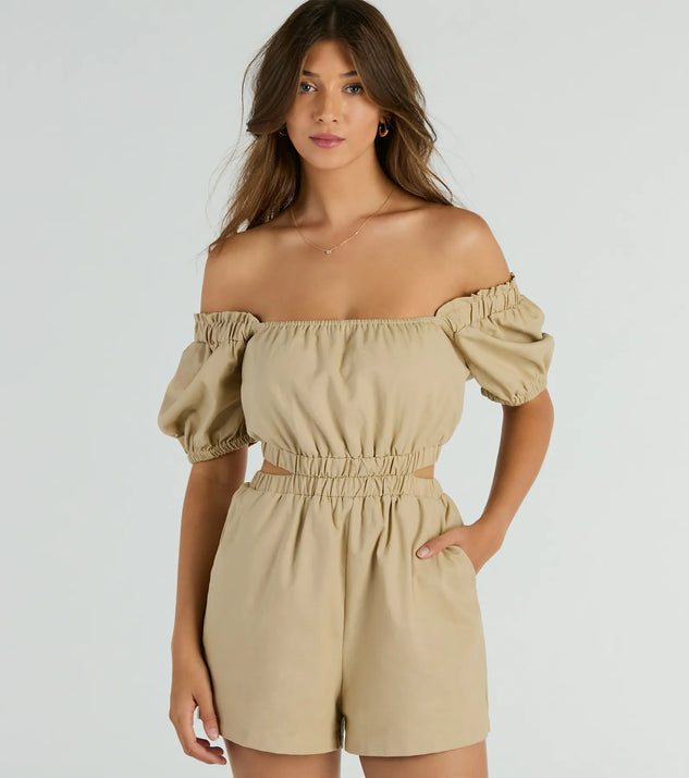 The Day Time Adventure Puff Sleeve Cutout Linen Romper is an elevated one-piece that blends sleek sophistication with playful charm, perfect for nailing casual or formal outfits.