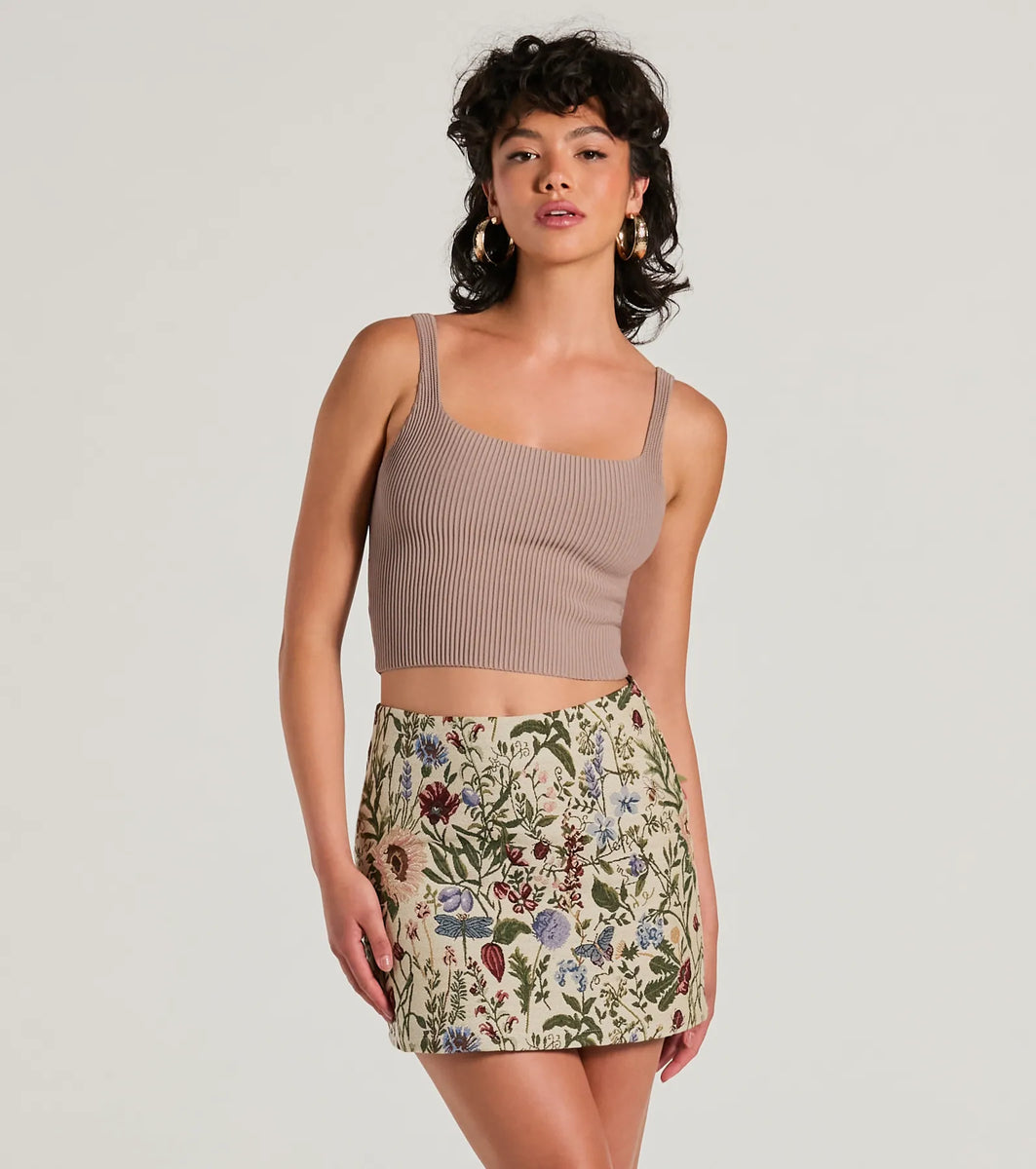 Striking Bliss High-Rise Floral Tapestry Mini Skirt