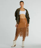 Country Songs Fringe Faux Leather Midi Skirt