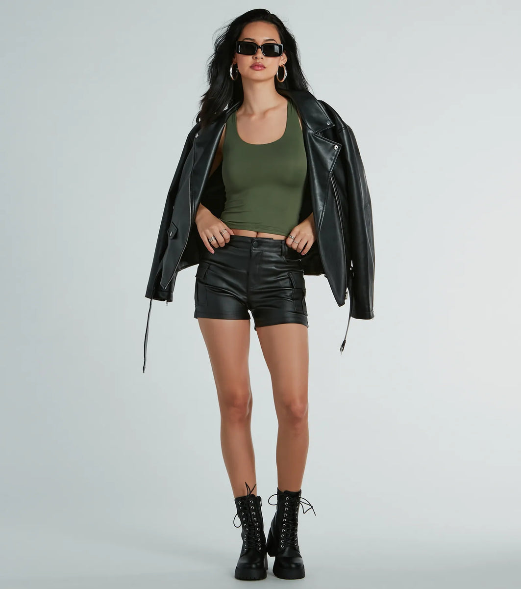 Turn Up Cargo Metallic Faux Leather Shorts