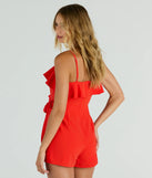 The Chic Season Ruffled Wrap-Front Woven Romper is an elevated one-piece that blends sleek sophistication with playful charm, perfect for nailing casual or formal outfits.