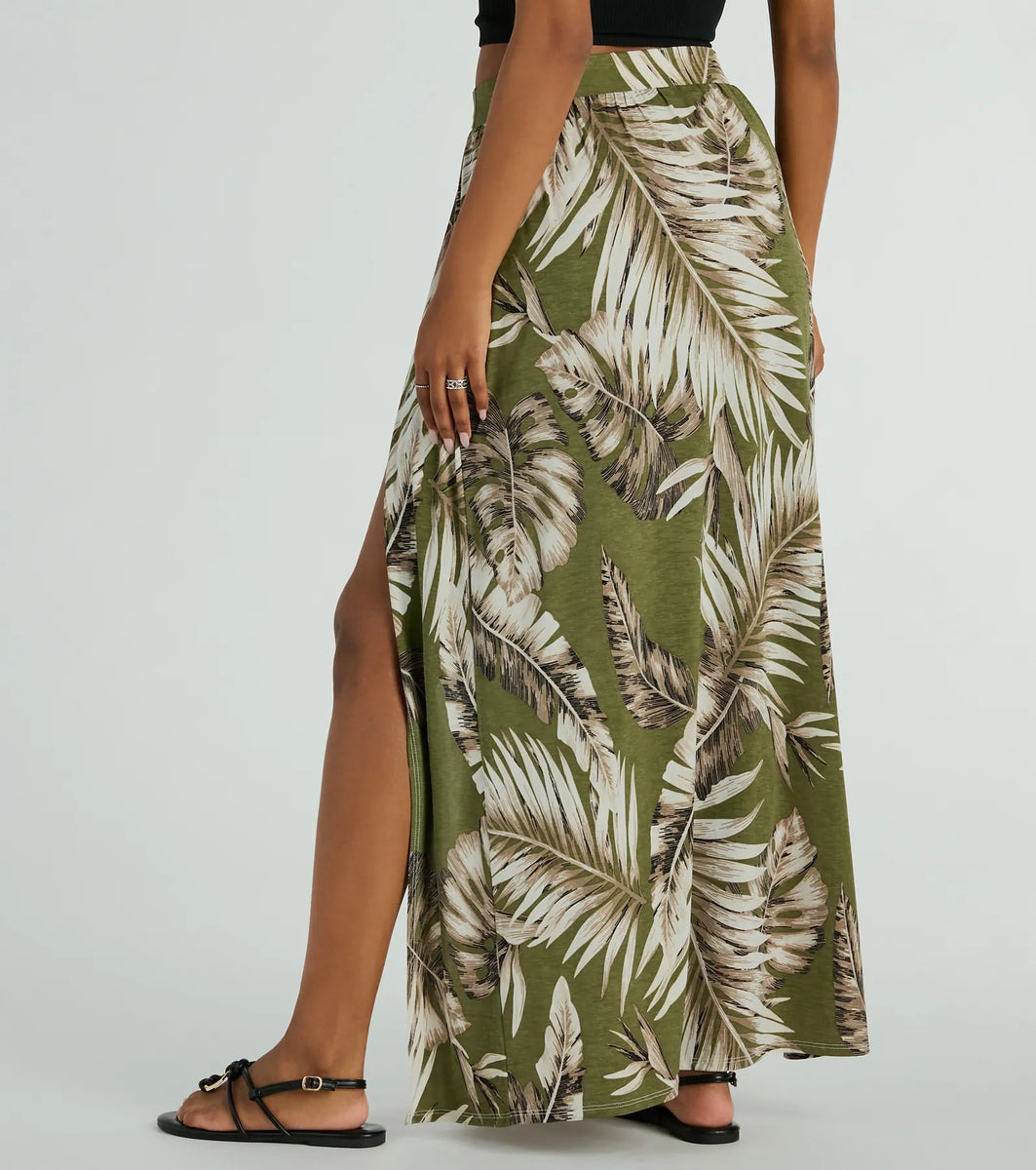 Tropical Breeze Printed Dual-Slit Maxi Skirt