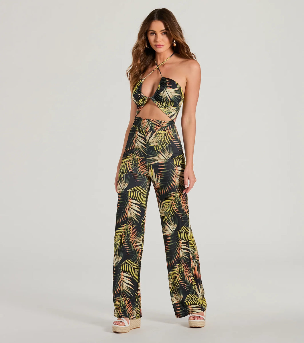 Tropical Cutie Halter Cutout Wide-Leg Jumpsuit