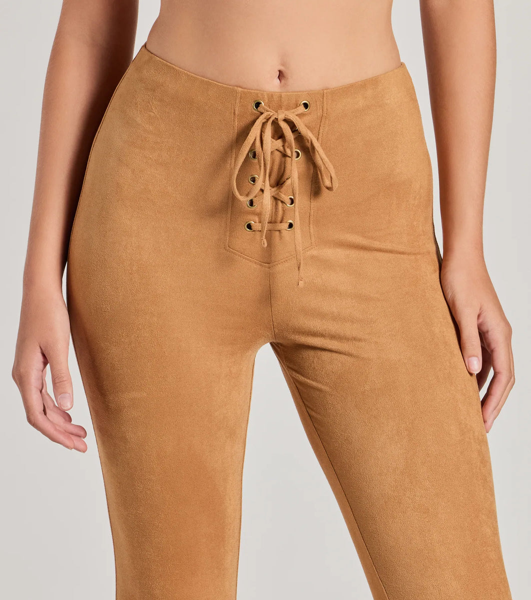 Bohemian Babe Lace-Up Faux Suede Flare Pants