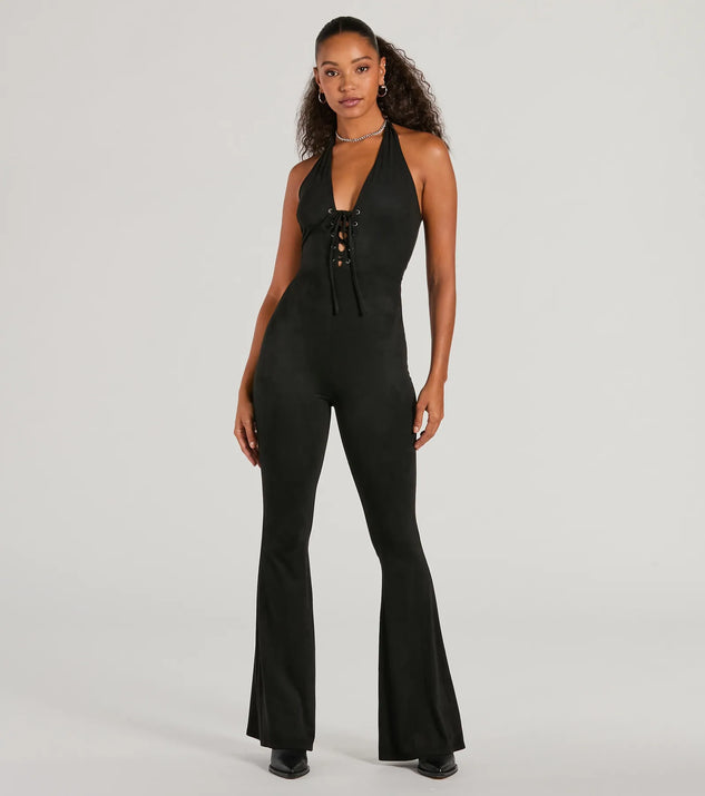 Eyes On Me Lace Up Flare Faux Suede Jumpsuit Windsor