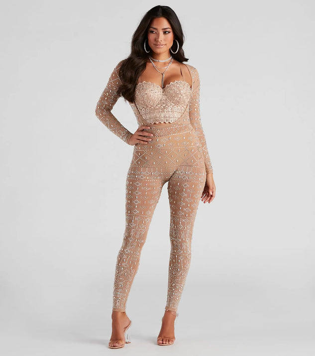 Iridescent Sparkle Rhinestone Embellished Sheer Catsuit Windsor