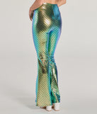 Back view of mermaid flare pants displaying shimmering iridescent, multi-color foil details and flattering cut.