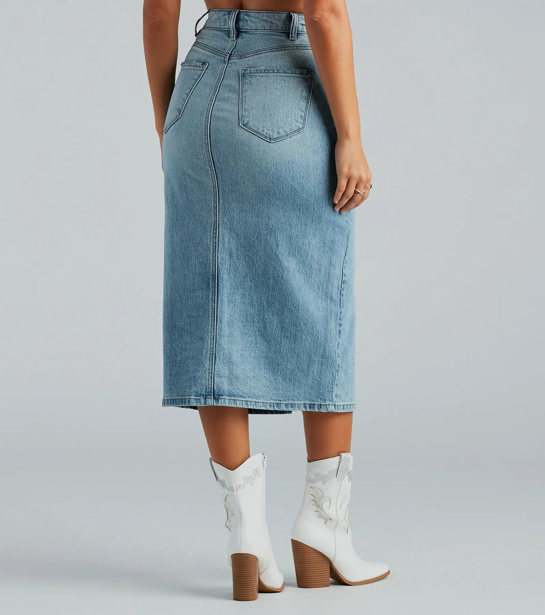 All That Denim Slit Midi Skirt