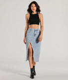 The denim wash and trendy design of the Cool Composure High-Rise Frayed Slit Denim Midi Skirt is a chic fall piece for any wardrobe, versatile for everyday wear.