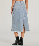 The denim wash and trendy design of the Cool Composure High-Rise Frayed Slit Denim Midi Skirt is a chic fall piece for any wardrobe, versatile for everyday wear.