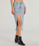 The denim wash and trendy design of the Cool Composure High-Rise Frayed Slit Denim Midi Skirt is a chic fall piece for any wardrobe, versatile for everyday wear.