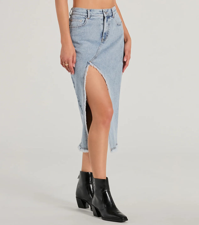 Cool Composure High-Rise Frayed Slit Denim Midi Skirt | Windsor