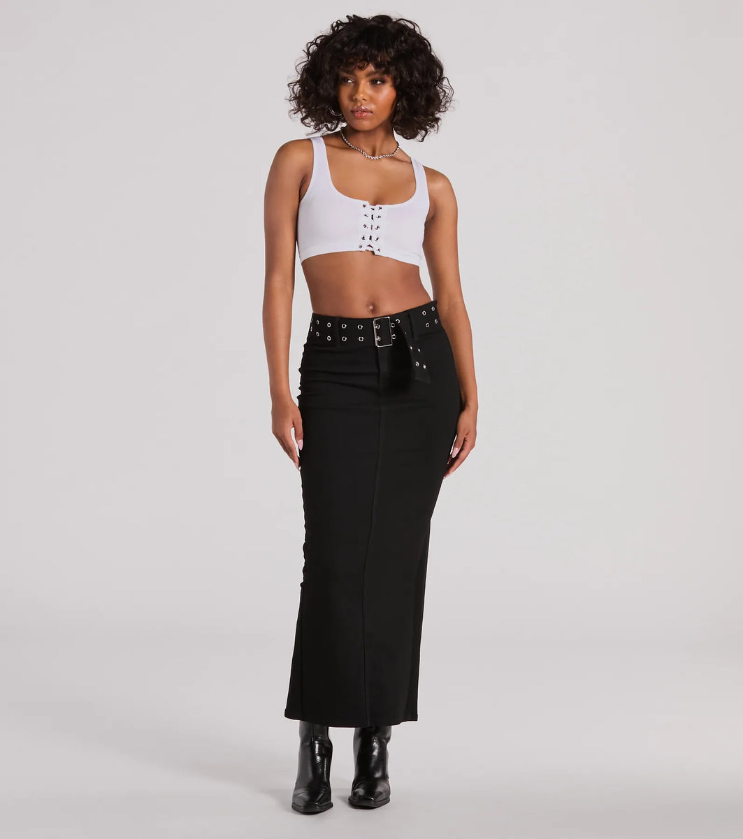Exceptionally Cool High-Rise Belted Denim Maxi Skirt