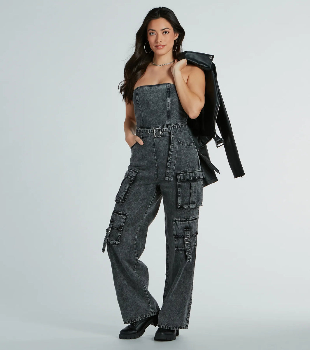 Pit Stop Strapless Cargo Acid Wide Leg Denim Jumpsuit