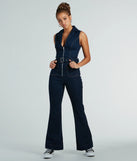 The Retro Vibes Belted Flared-Leg Denim Jumpsuit is an elevated one-piece that blends sleek sophistication with playful charm, perfect for nailing casual or formal outfits.