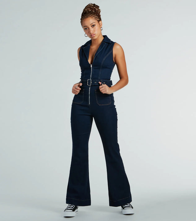 The Retro Vibes Belted Flared-Leg Denim Jumpsuit is an elevated one-piece that blends sleek sophistication with playful charm, perfect for nailing casual or formal outfits.