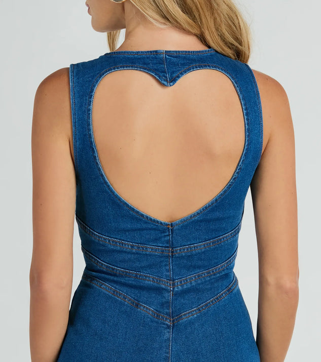 Heart Open Zip Up Flare Denim Jumpsuit | Windsor