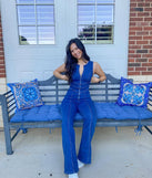 Heart Open Zip Up Flare Denim Jumpsuit