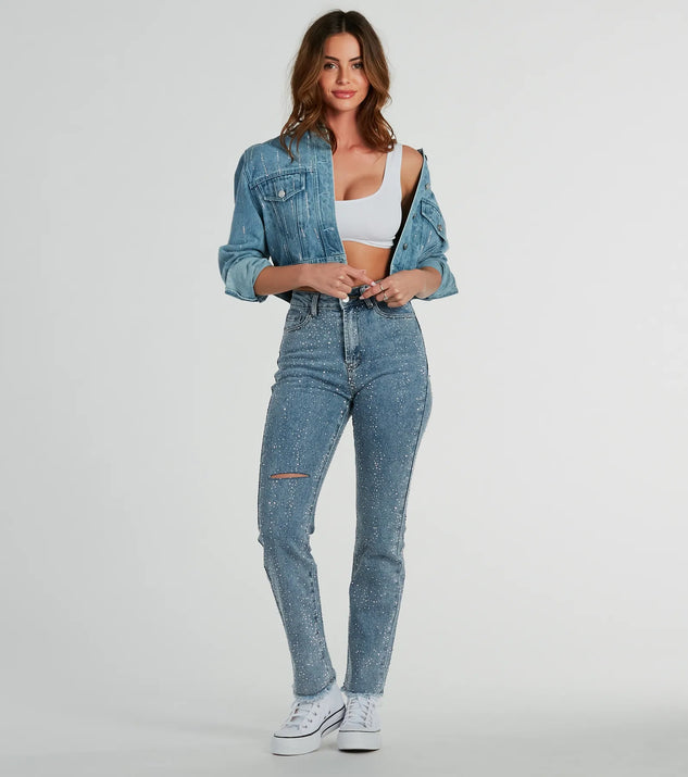 Refresh your fall closet with stylish women's pants like the Glam Girlie Rhinestone High Waist Straight-Leg Jeans in a sleek fabric and a pant leg style that makes your look unique.