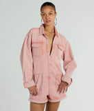 The Road Trippin' Long Sleeve Cuffed Acid Denim Romper is an elevated one-piece that blends sleek sophistication with playful charm, perfect for nailing casual or formal outfits.