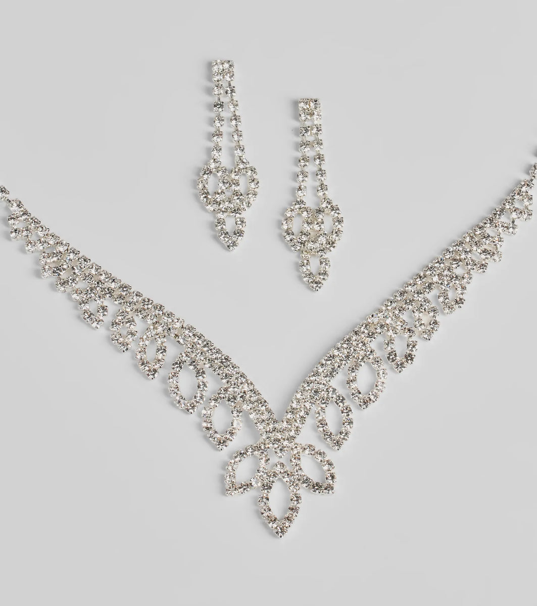 Ultimate Glam Vibes Rhinestone Necklace And Earrings Set