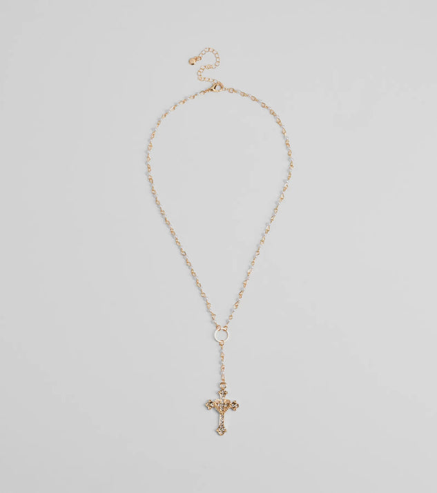 Pretty Sparkle Rhinestone Cross Pearl Lariat Necklace