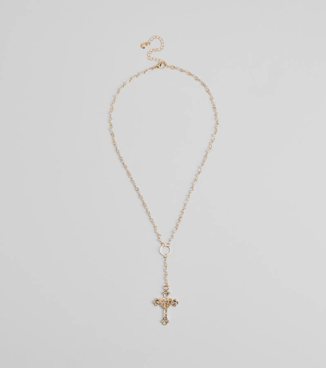 Pretty Sparkle Rhinestone Cross Pearl Lariat Necklace