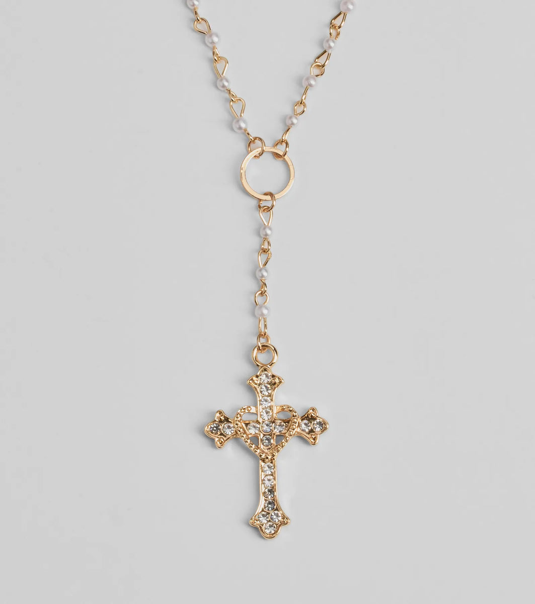 Pretty Sparkle Rhinestone Cross Pearl Lariat Necklace