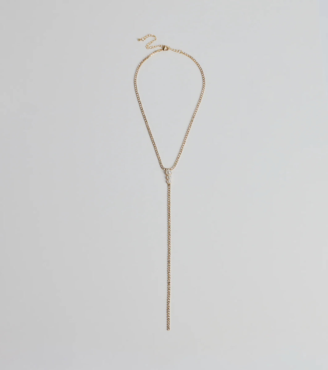 Luxe Glam Rhinestone And Pearl Lariat Necklace