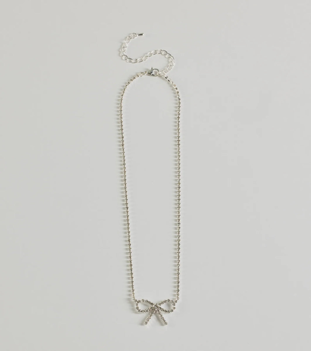 Cute Glamour Rhinestone Bow Necklace