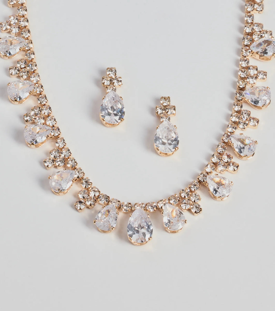 Glitzy Teardrop Rhinestone Necklace And Earrings Set