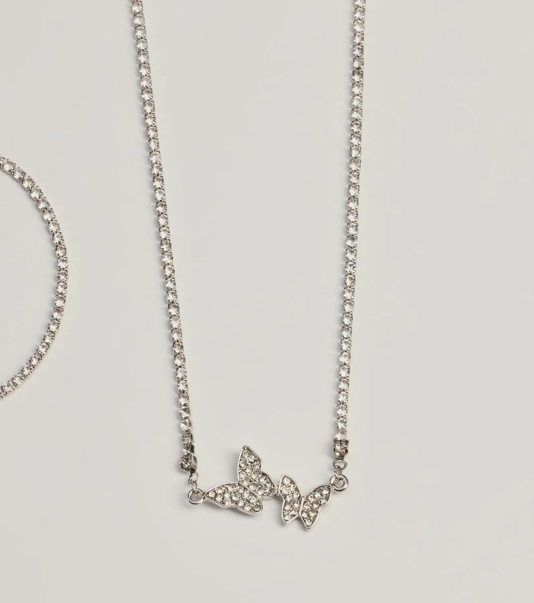 Fluttering Elegance Rhinestone Butterfly Glam Necklace Set