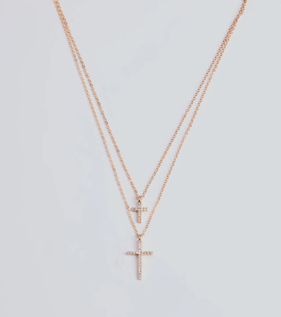 Chic Rhinestone Cross Charm Layered Necklace