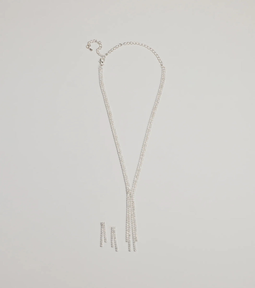 Glitzy Rhinestone Lariat Necklace And Earring Set