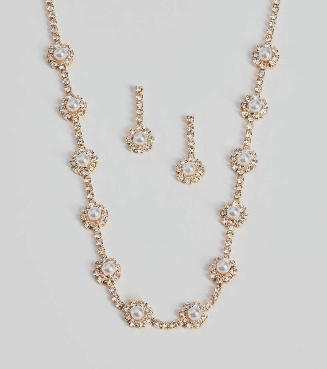 Unforgettable Faux Pearl Rhinestone Necklace And Earrings