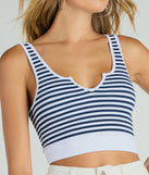 Essential for your seasonal closet, the Nautical Vibes Striped Ribbed Knit Cropped Tank Top offers a trendy twist on everyday tops so you can elevate your style effortlessly.