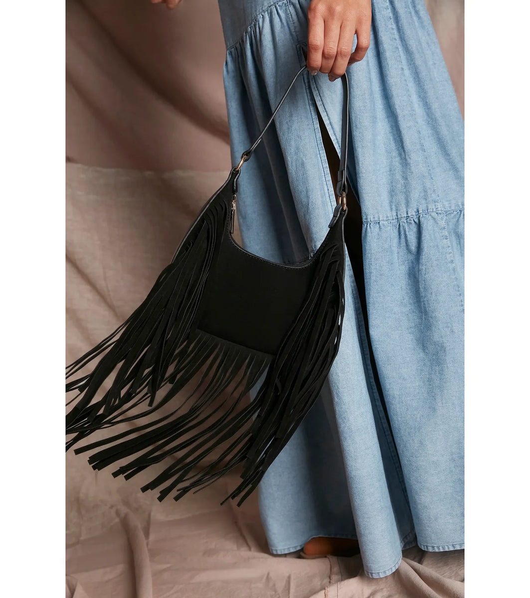 Caught In The Fringe Faux Suede Shoulder Bag