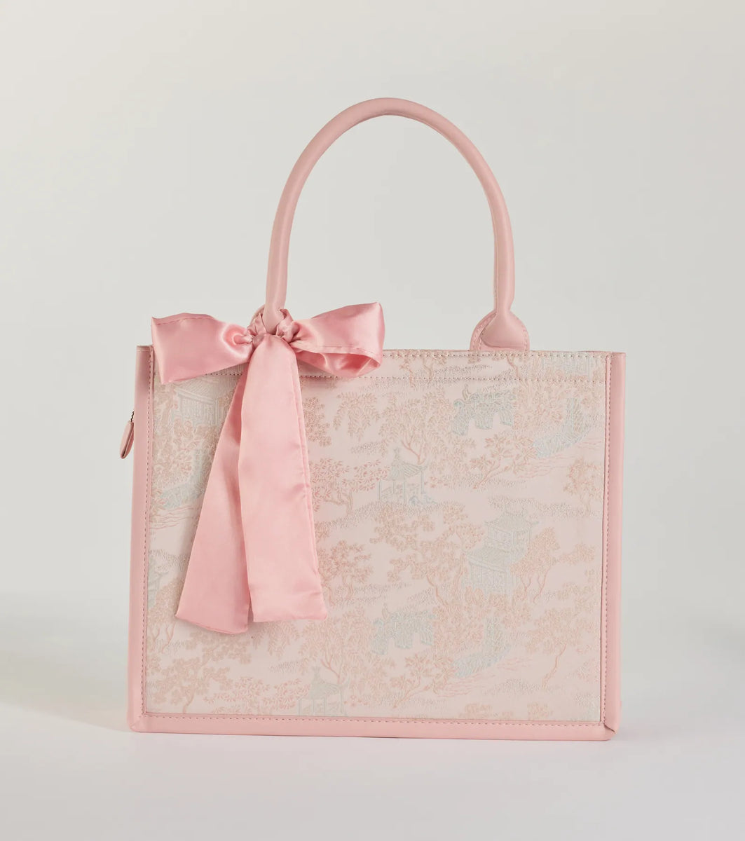 Scenic Embroidered Satin Bow Tote Bag