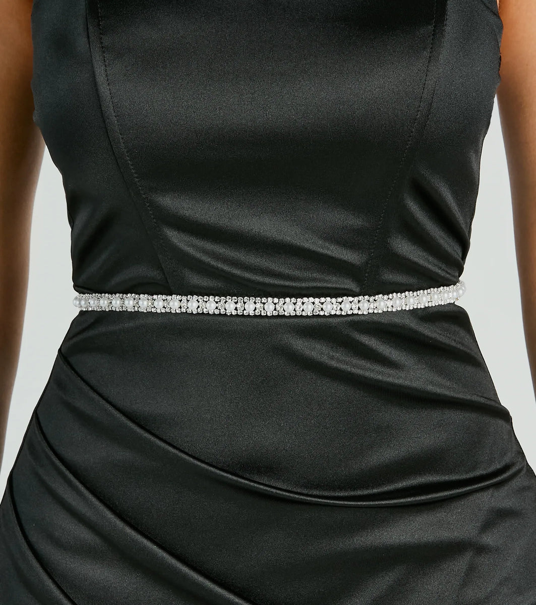 Luxe Sheen Dainty Pearl And Rhinestone Belt