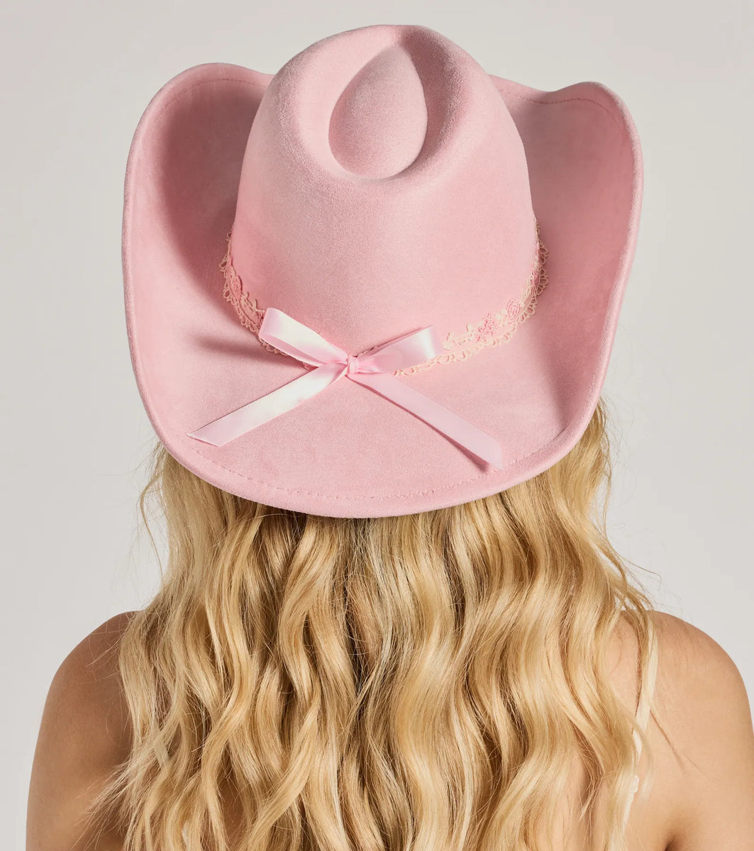 Country Floral Lace Bow Faux Suede Cowboy Hat