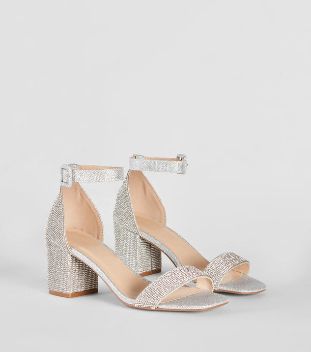 The cute and comfy style of the Glitzy Babe Rhinestone Block Heels as your homecoming shoes creates a stand out look to complete your HOCO dress look!