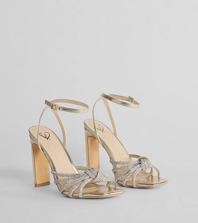 The cute and comfy style of the Dazzling Mood Rhinestone Strappy Metallic Block Heels as your homecoming shoes creates a stand out look to complete your HOCO dress look!