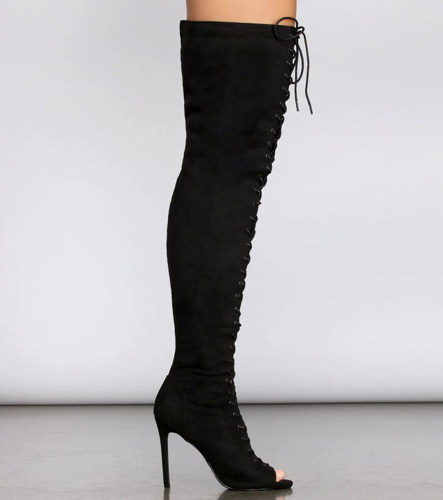 Black open toe thigh high boots deals