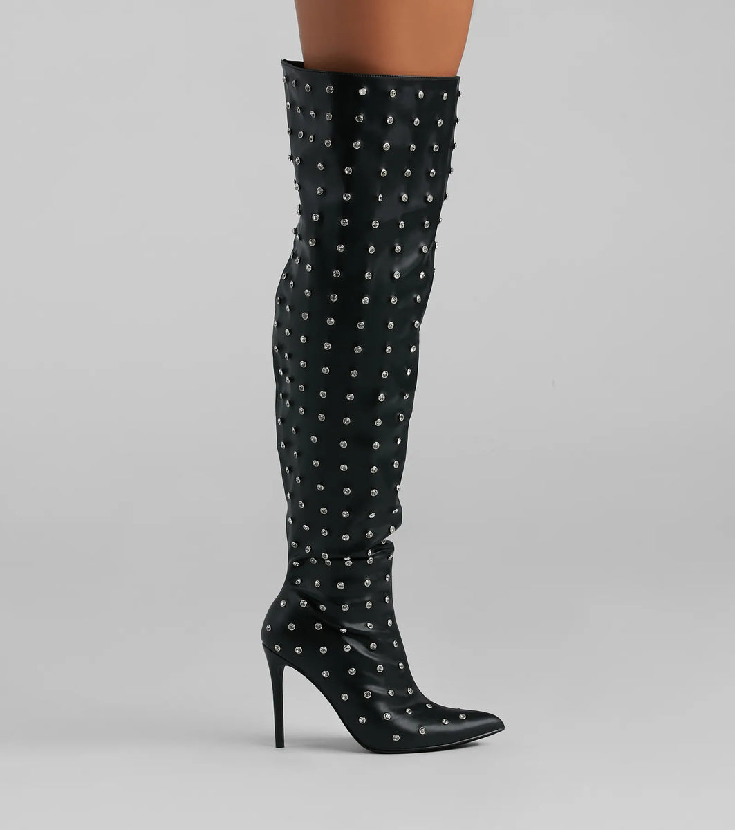 Glam Allure Rhinestone Faux Leather Over-The-Knee Boots