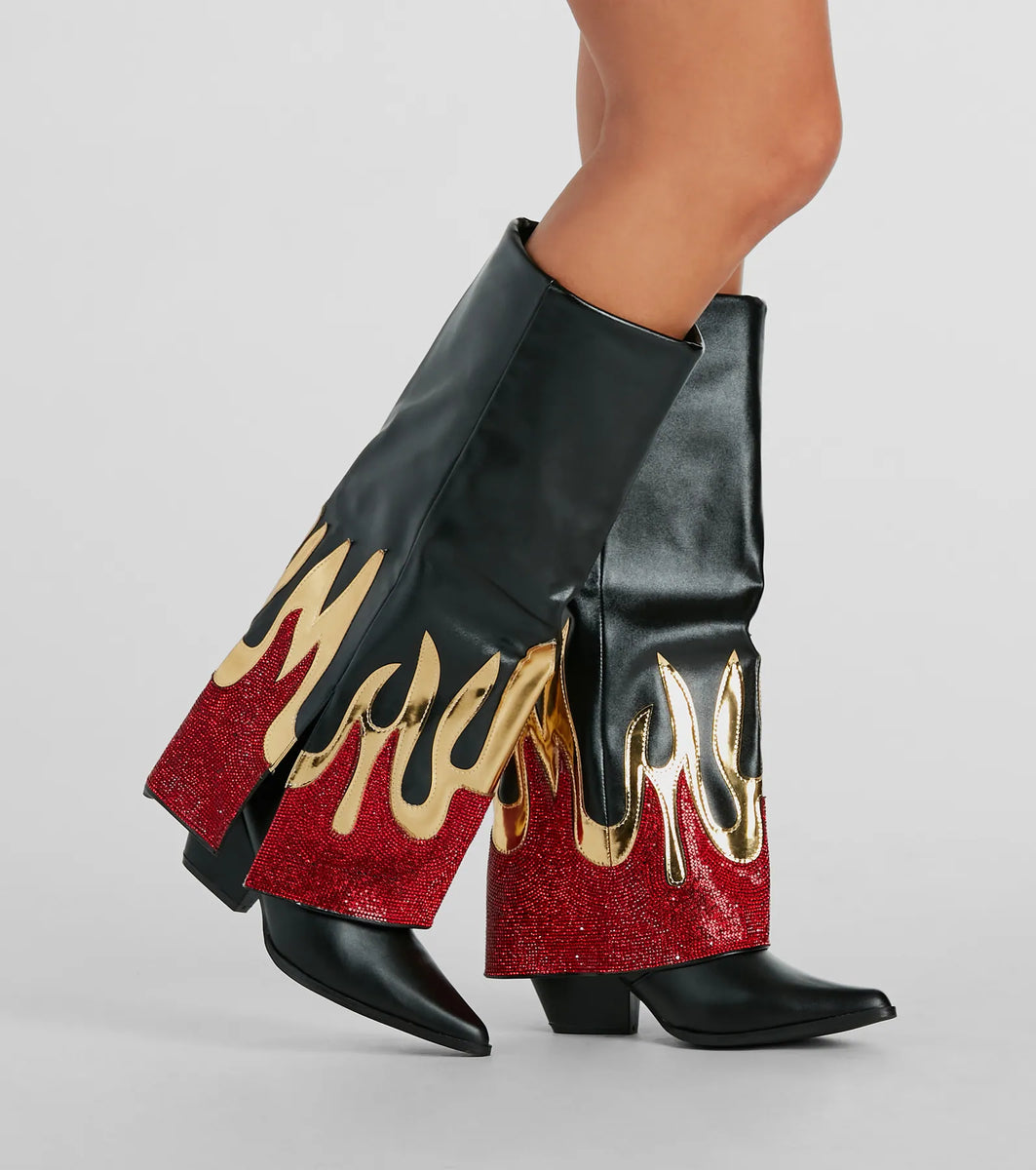 Too Hot To Handle Rhinestone Flame Fold-Over Boots