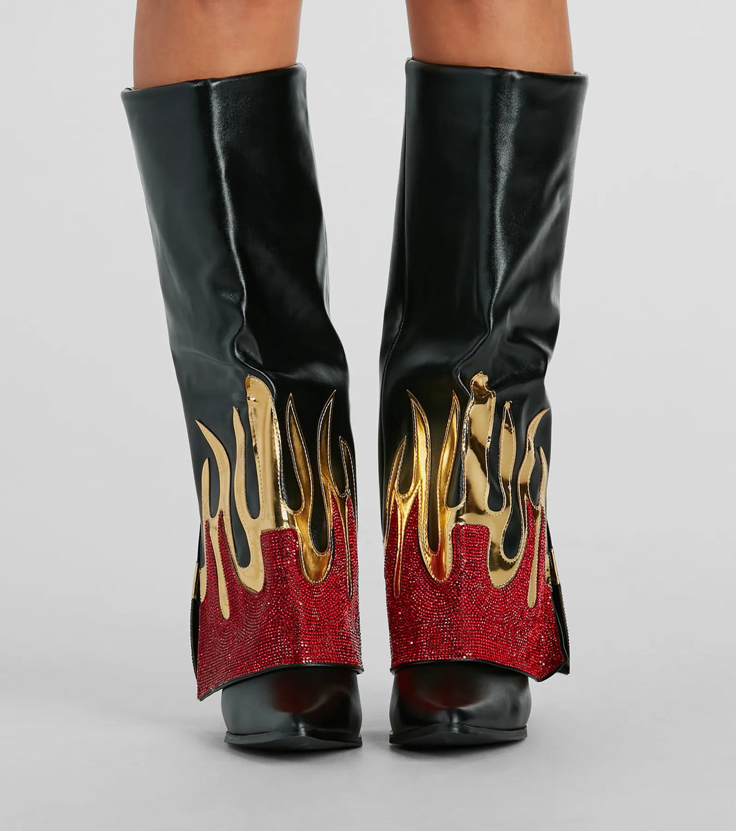 Too Hot To Handle Rhinestone Flame Fold-Over Boots