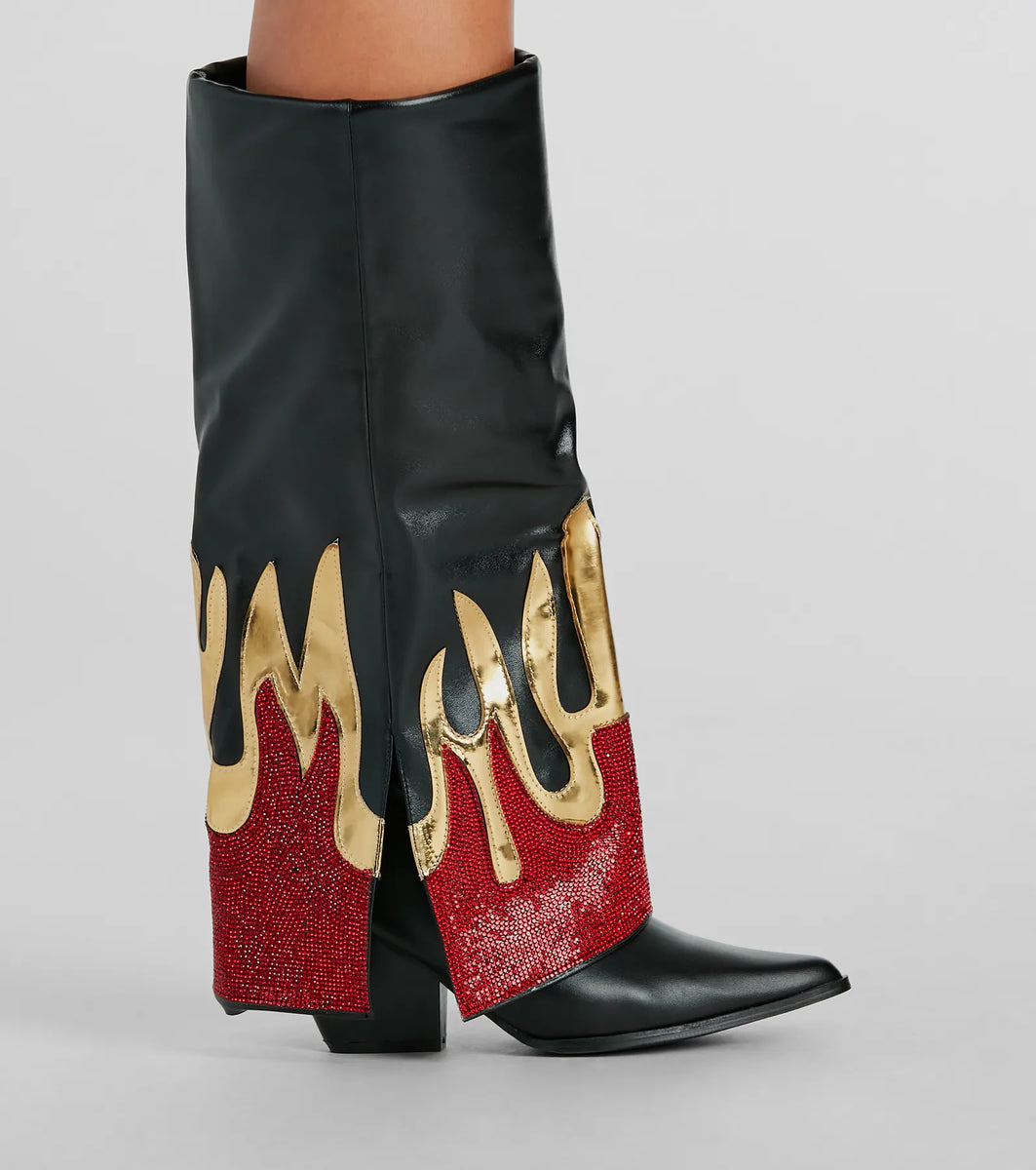 Too Hot To Handle Rhinestone Flame Fold-Over Boots