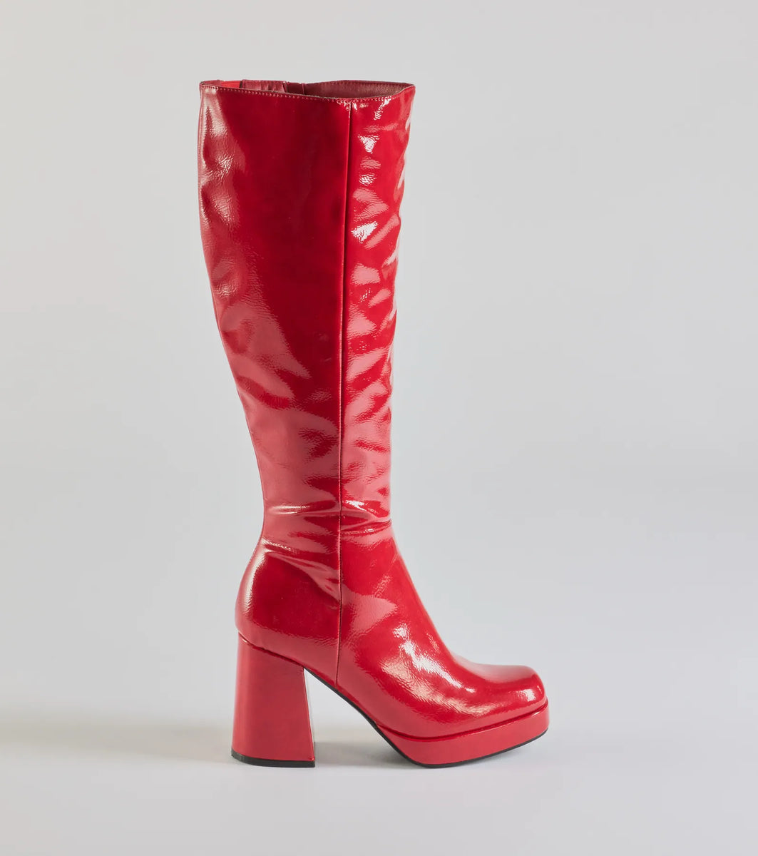 So Stunning Patent Faux Leather Under The Knee Platform Boots