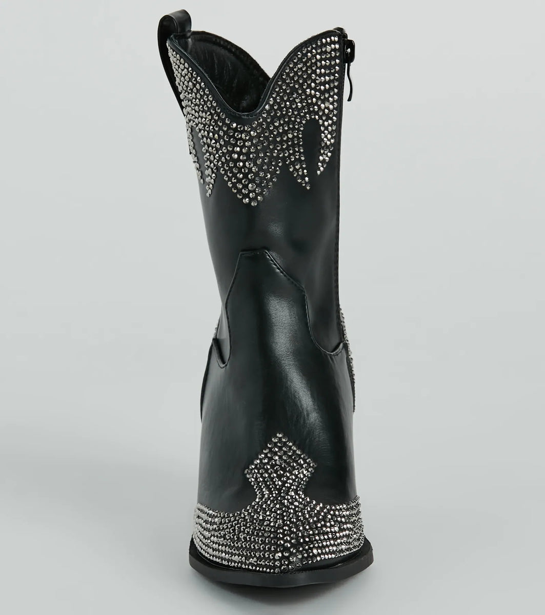 Western Flair Rhinestone Flame Faux Leather Boots