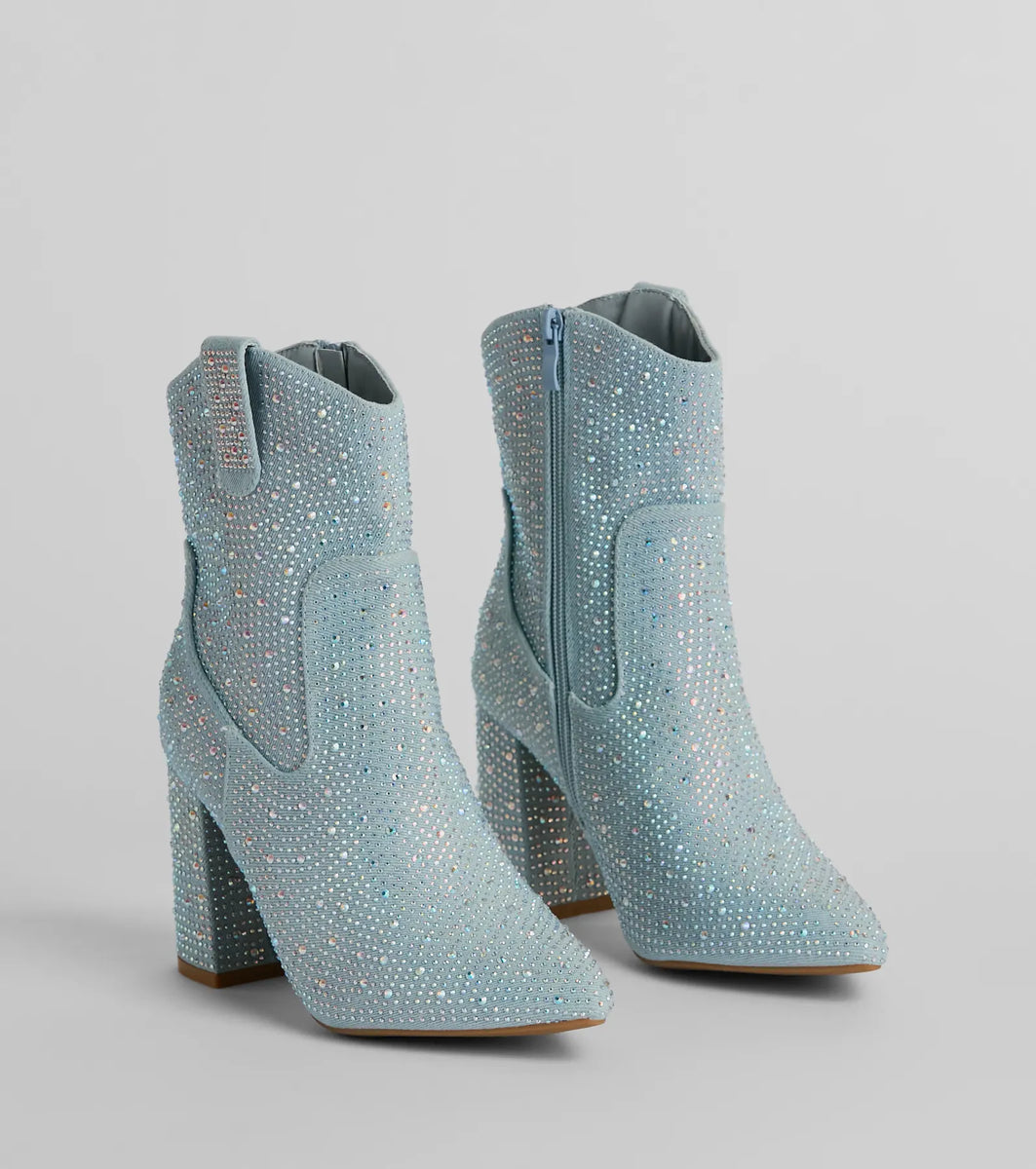 Country Star Glam Rhinestone Western Denim Booties